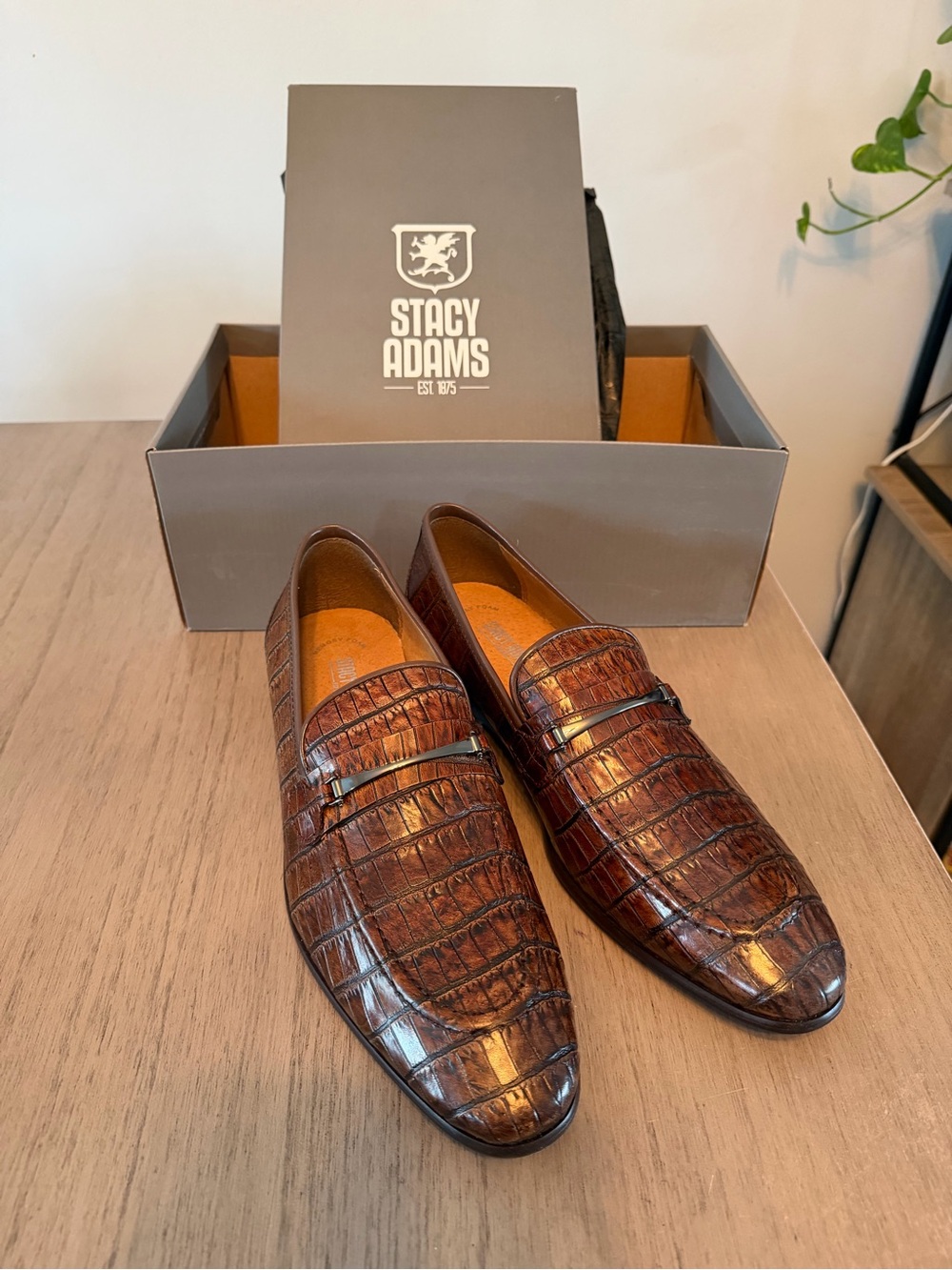 Stacy Adams Brown Croc-Embossed Leather Slip on Loafer